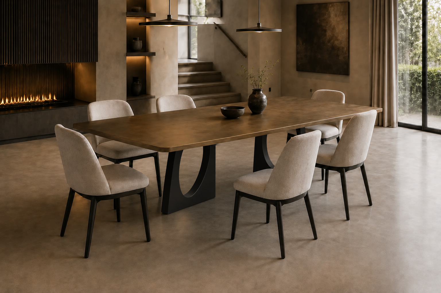 Sfeerimpressie van een rechthoekige eettafel met bronzen blad en Ellipse onderstel